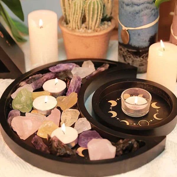 Crescent Moon Crystal Tray Jewelry Decorative Tray Wooden Rack Rock Organizer Altar Table Essential Oil Aromatherapy Storage Tray X250721