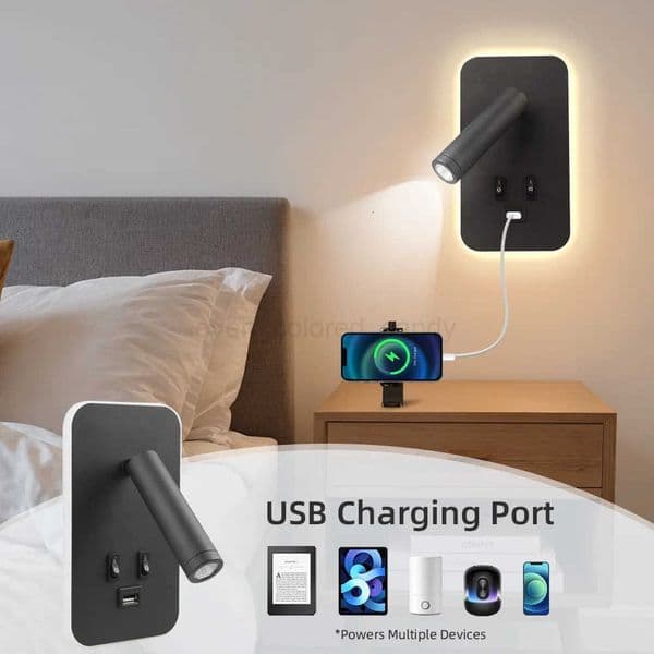 Bedside Wall Lamp with Switch and USB Port Wall Mounted Reading Spot Lights Bedroom Wall Sconce Rotatable LED Wall Light Cabinet Z250721