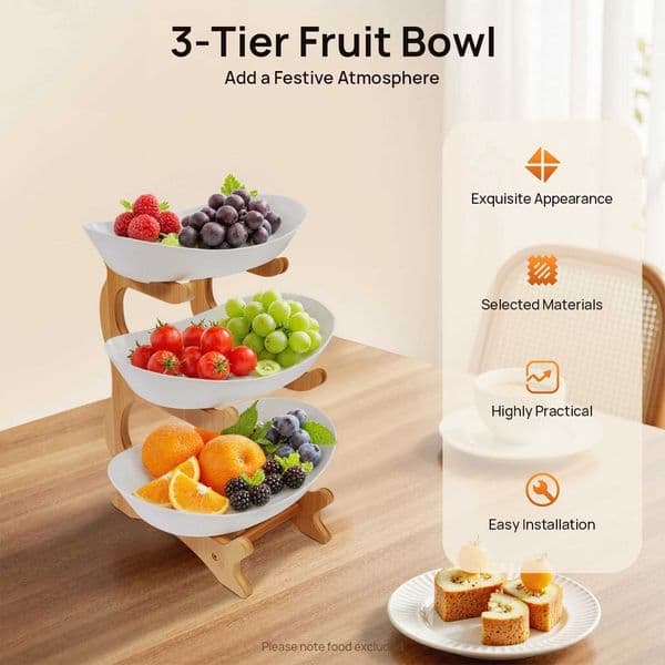 3-Tier Serving Bowls with Bamboo Wood Stand Food-grade PP Snack Dessert Cake Tray Plate Rack for Party Wedding Fruit Bowl X250721