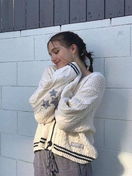 Winter Loose Knitted Cardigans Coat Women Star Embroidery Y2K Sweaters Streetwear Vintage Casual Single Breasted Long Sleeve Top