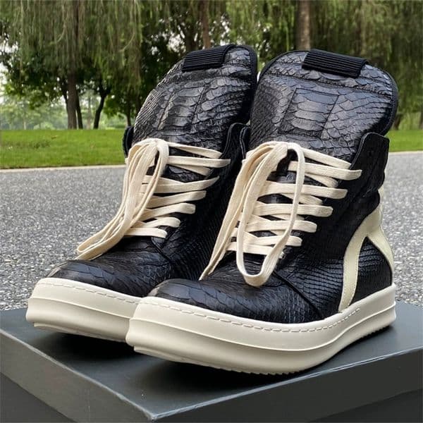 Black Serpentine Cowhide Genuine Leather High Top Geo-basket Customized High Street Rock Boots