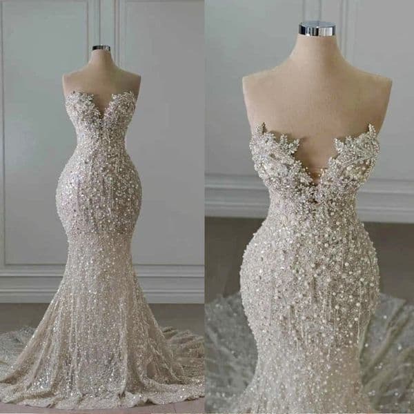 Luxury Mermaid Wedding Dress Sweetheart Neck Sleeveless Bridal Gowns Appliques Crystal Pearls Sweep Train Dresses Custom Made Vestidos De Novia Youmaidress