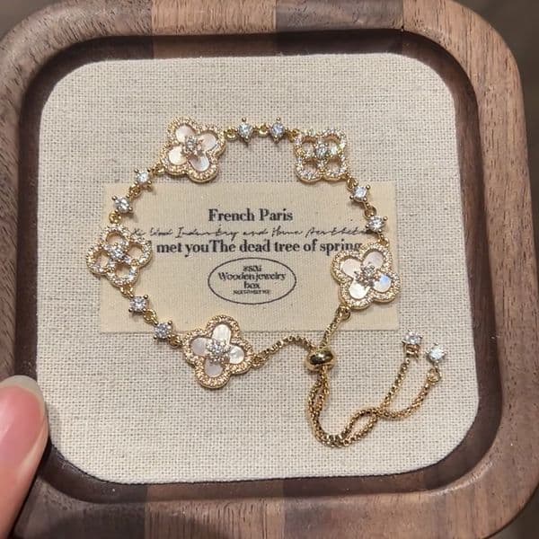Designer Jewelry Bracelet Gold Tone Clover Shaped Link Shell & Crystal Accents Elegant Party Daily Wear Gift For Her High Quality And Stylish