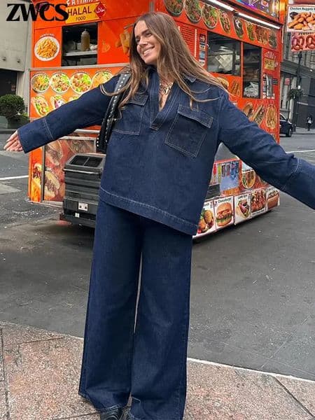 Fashion Denim Jacket Jeans Set Women Casual Lapel Vneck Full Sleeve Coats Wide Leg Trousers 2025 Ladies High Street Outfits 250717BANJIA