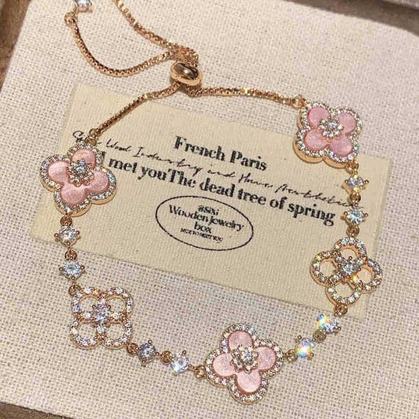 Gold Tone Clover - Shaped Bracelet With Red Enamel Diamond Accents Elegant Party Gift For Her High Quality And Stylish Jewelry