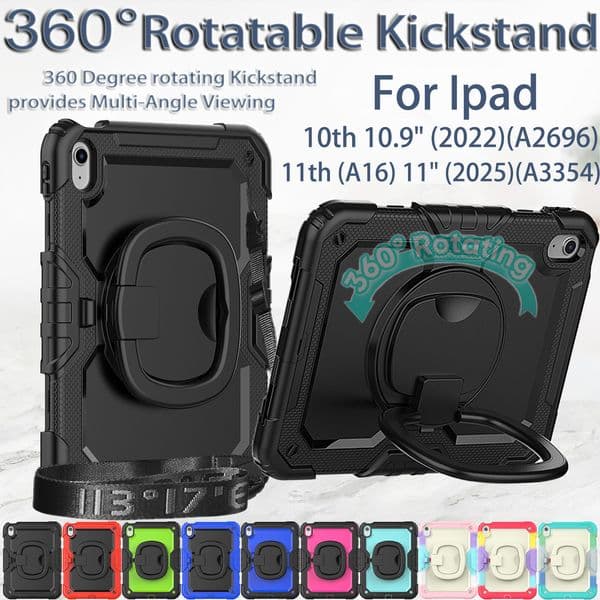 Case For iPad 10th 11th(A16) Pro 11 Air4 Air5 Folding Handle Grip 360 Rotating Kickstand Armor Cover with Pencil Holder Shoulder Strap Rugged Shockproof Full Body Cases