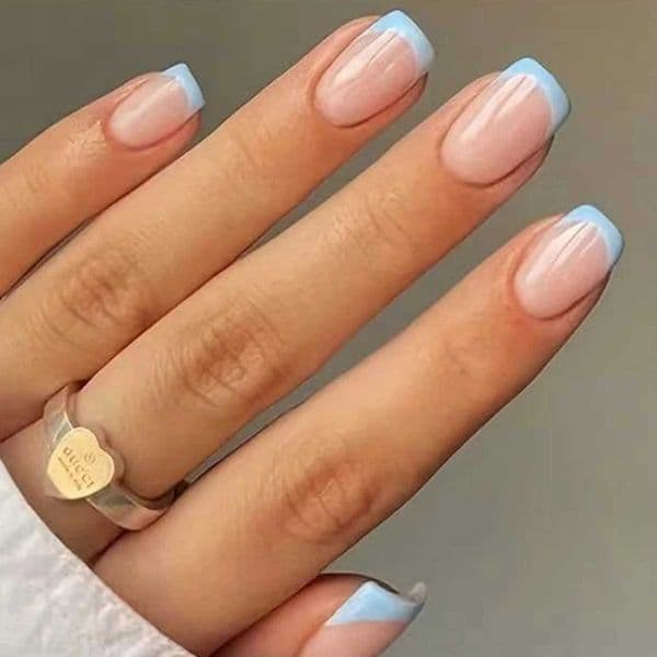 24Pcs/Set Women Girls Short French Light Blue Pink Dual Color Glossy Surface Full Coverage Wearable Fake Nails Press on Nail Art W250722