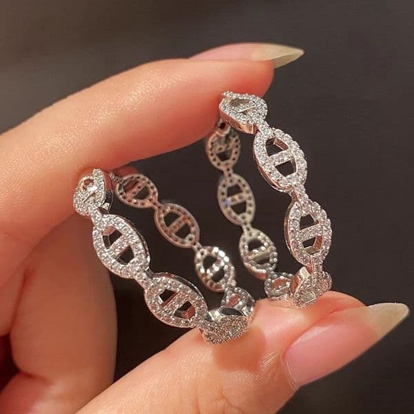 Silver - Tone Linked - Hoop Earrings With Rhinestone Accents Edgy Jewelry And Gift For Her High Quality And Sparkling Jewelry S260616