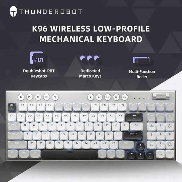 Gaming Keyboards THUNDEROBOT K96 Wireless Mechanical Low-Profile Productivity Keyboard 98 With Roller Marco Keys PBT Keycaps For PC