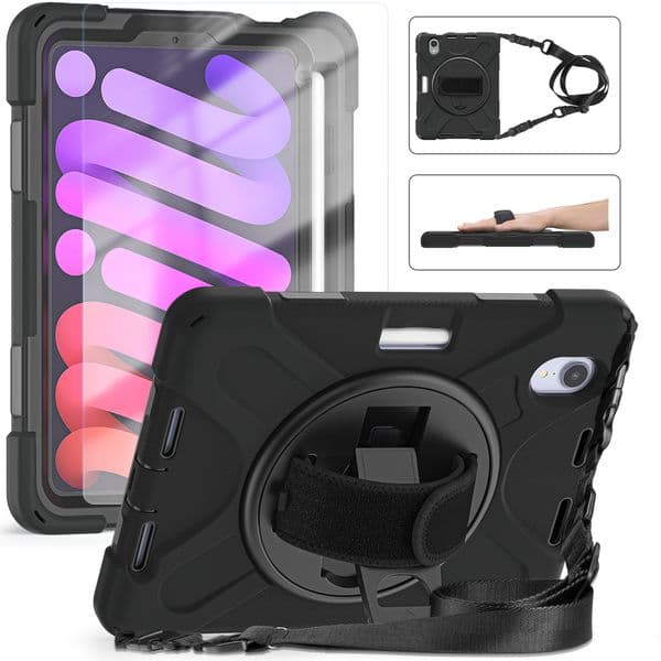 For iPad Mini7(A17Pro)/mini6 Tablet Case 8.3" Generation Heavy Duty Shockproof 360 Rotation Hand Shoulder Strap Stand Cover With S Pen Holder Kids Safe Protective Cases