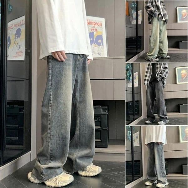 Men's Jeans Men Korean Fashion Vintage Blue Classic All-match Solid Color Straight-leg Denim Wide-leg Pants Male Trousers
