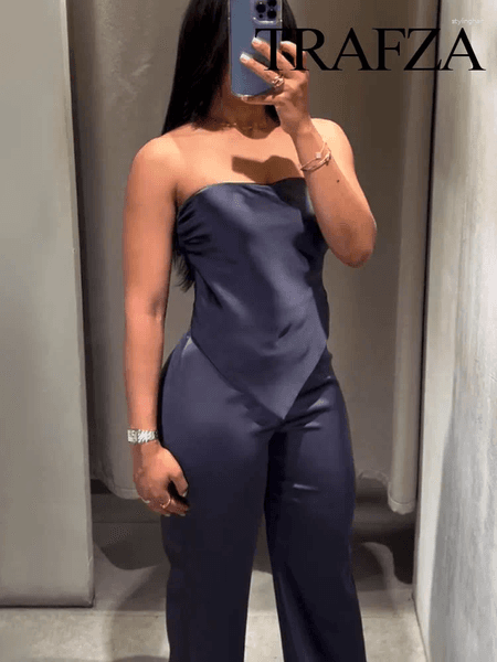 Women's Two Piece Pants TRAFZA Women Summer Sexy Sleeveless Backless Lace Short Top High Waist Side Zipper Chic Slim Long Silk Texture