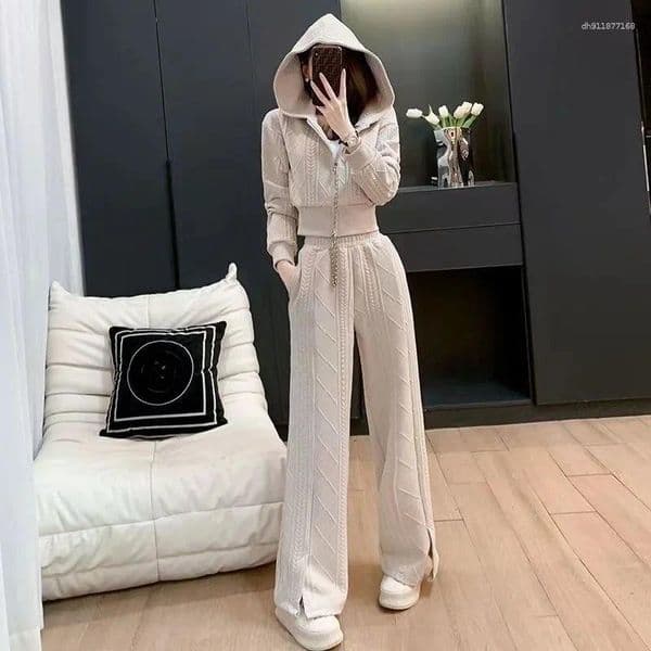 Women's Two Piece Pants Top And Pant Sets For Women 2 Pieces Sport Tracksuit Hooded Apricot Sweatshirt Wide Leg Trousers Woman Bottom Korea