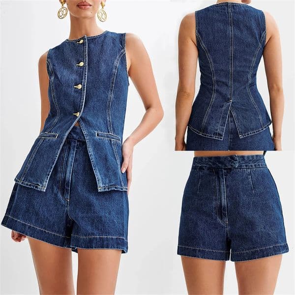 Summer Womens Denim Shorts Suit Sleeveless Oneck Single Breasted Split Top Vest High Waist Wide Leg 2024 Lady Sets 250717