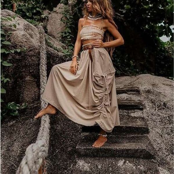 Women's Casual Midi New Drawstring Large Pocket Bohemian Loose Organic Cotton Long Skirt B5
