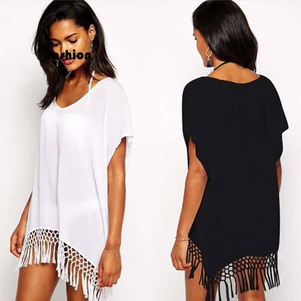 Fashion Women's Solid Color Tassel Knot Batwing Sleeve Loose Sunscreen Sexy Beach Cover-Up Dress B5 g7