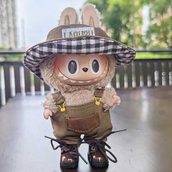 17cm Cute Mini Plush Doll Clothes Labubu DIY Outfit Set Fishermans Hat Overalls Accessories Kawaii Kid Gift Plush Doll Clothing X250723