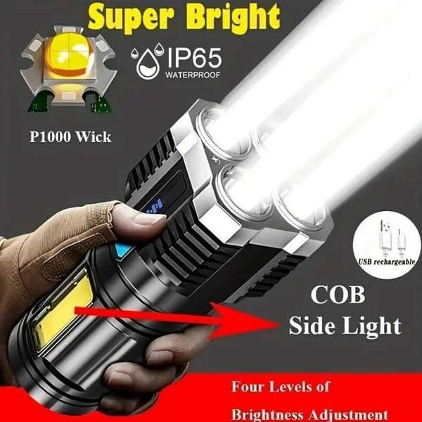 Portable Powerful 4 LED Flashlight With COB Side Light 4 Modes USB Rechargeable Torch Camping Tool Searchlight for Outdoor Z250722