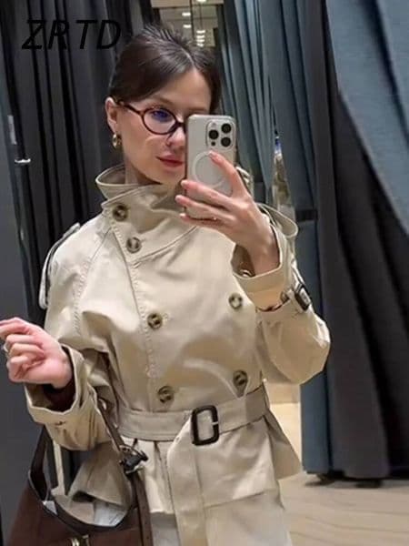 Fashion Women's Short Belt Jackets Turtleneck Double Breasted Full Sleeve Female Trench Coats 2025 Spring Lady Commute Outwear