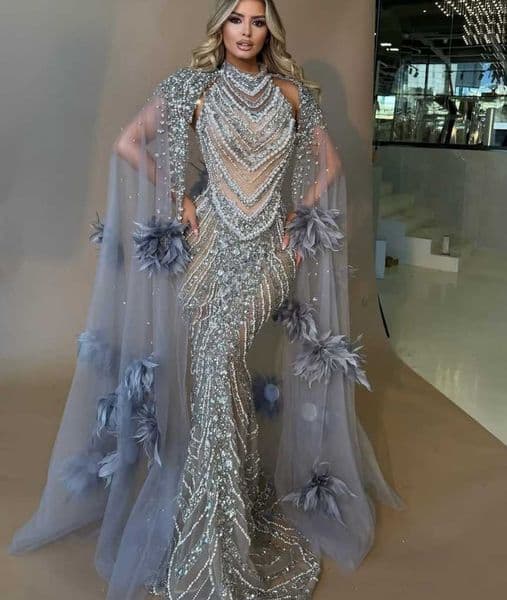 Exquisite High Neck Mermaid Evening Gown Luxury Crystal Pearls Prom Dress with Wraps Applique Floor Length Party Gown Customized