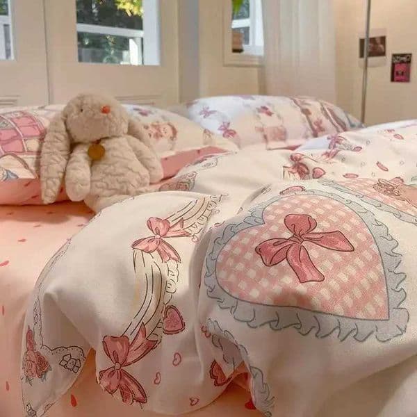 Korean Cute Girls Bedding Sets Soft Flat Sheet Duvet Cover Pillowcase Polyester Bed Linen Twin Queen Full Size Quilt Cover Set XJ250619