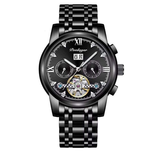 DHgargets POEDAGAR Men's Luxury Automatic Watch - Tourbillon, Day/Date/Month, 50M Waterproof, Luminous, Stainless Steel, Business Mechanical Watch