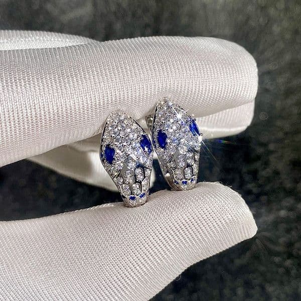 Silver Tone Snake Head Hoop Earrings Blue Gem & Diamond Accents Glamorous Party Jewelry And Evening Wear Gift For Her High Quality And Stylish Jewelry