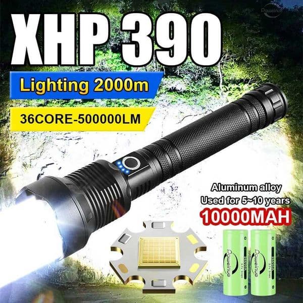 Powerful XHP390 Flashlight 10000mah Large Capacity Strong Light Tactical Torch Self-Defense Flash Light Outdoor Camping Hunting Z250722