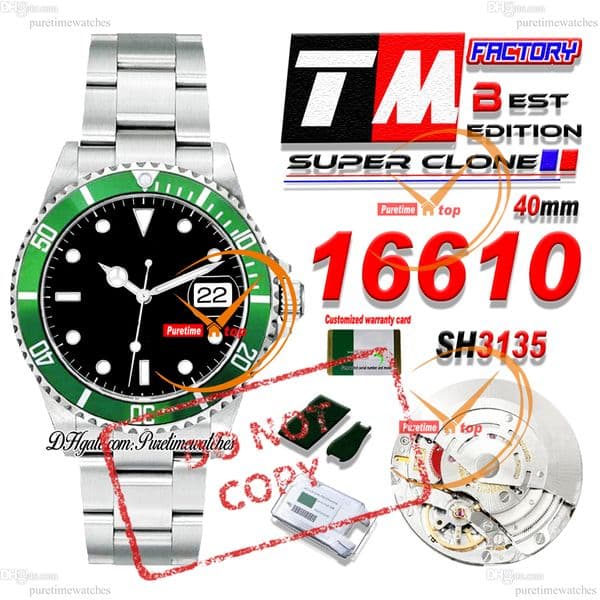 16610LV Flat 4 Kermit SH3135 Automatic Mens Watch TMF 40mm Green Bezel Black Dial 904L OystSteel Bracelet With Same Serial Card CHS Puretimewatches Classic Retro A1