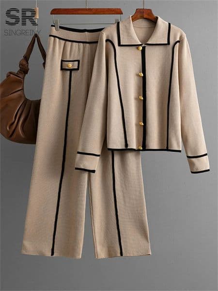2PCS Winter Women Casual Sets Female Polo Neck Long Sleeve Cardigan Wide Leg Pants Autumn Color Block Knitted Outfits 250723