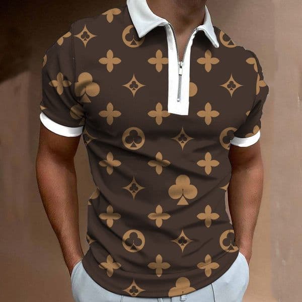 Tees & Polos Shirt All-over Floral Print Contrast Half-zip Lapel Neat Short-sleeve Fit Suitable For Men's Clothing