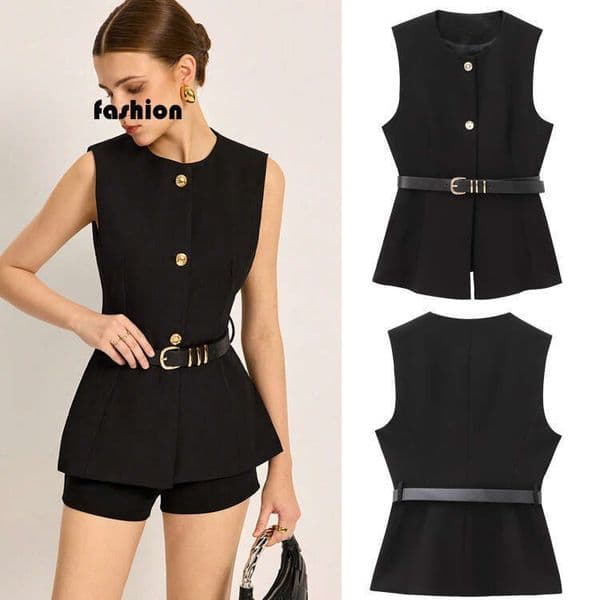 TRAFZASHEIN Spring New Fashion Round Neck Sleeveless Belted Vest Women's Top B5 v6