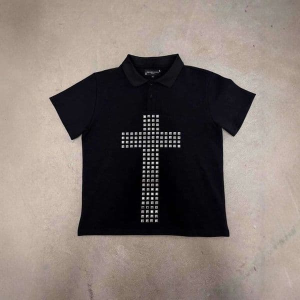 Cross POLO Shirt Personality Street Style New T-Shirt Fashion Niche Trendy Brand Rhinestone
