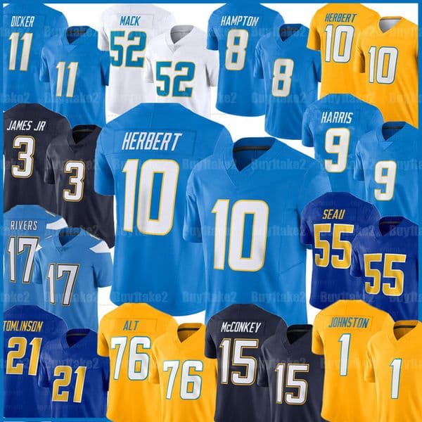 Justin Herbert Omarion Hampton Ladd McConkey Football Jersey Tre Najee Harris Khalil Mack Joe Alt LaDainian Tomlinson Derwin James Daiyan Henley Dicker Tuipulotu