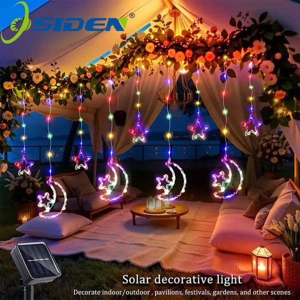 1PCS 120LED Solar Light String Solar Star And Moon Light String 8 Lighting Modes for Outdoor Gardens Ramadan Weddings Decoration X250724