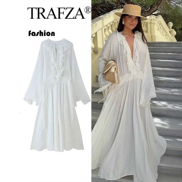 TRAFZA Summer New Women's Fashion Elegant Ruffle Tie Drawstring Long Dress B5 v6