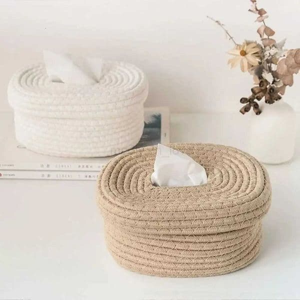 New Rectangle Woven Desktop Tissue Box Cotton Rope Portable Pumping Paper Box Home Decor Storage Bag Tissue Container M250724