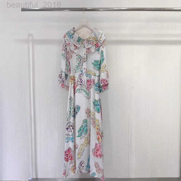 Basic & Casual Dresses designer 2025 Early Autumn Printed Silk Crepe Doll Collar Dress Stylish Heavy Embroidery Lightweight Long Dress C15B