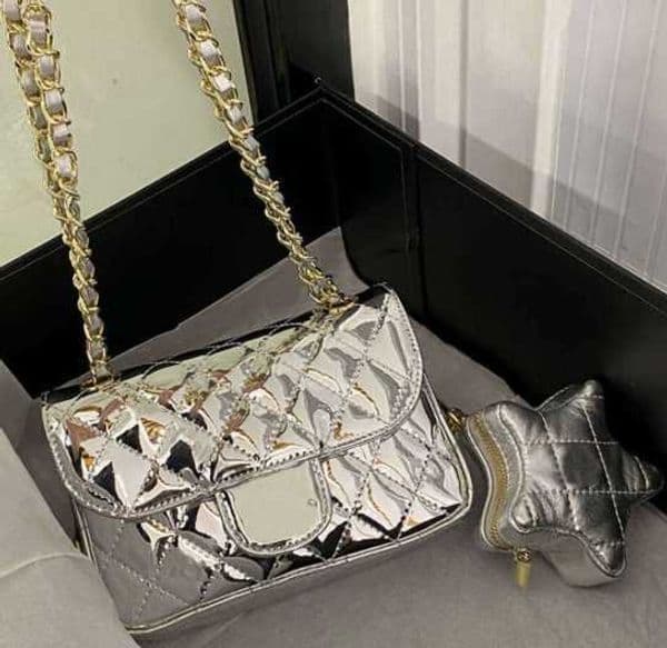 Shoulder 2in1 Shiny Women Designer Classic Flap Bag with Star Coin Purse Patent Leather Golden Metal Hardware 19cm Gold/Silver Luxury Cross Body Shoulder Handbag