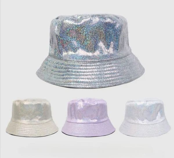 Shinny Party Laser Bucket Hat Stage Wear Leather Sparkle Wide 2025 Fisherman Hats Christmas Music Festival Holographic Hip Hop Cap Metallic Color For Men Women