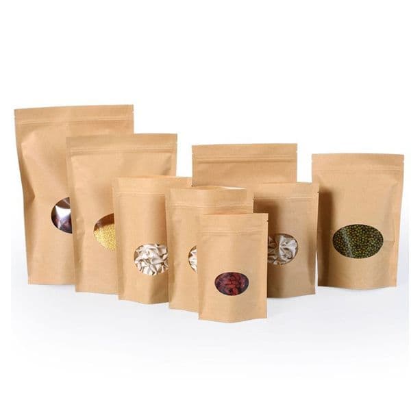 8 Size Stand Up Kraft Paper Doypack bag Food Storage Packing Bag Zipper Package Oval Clear Window Wholesale LX3348