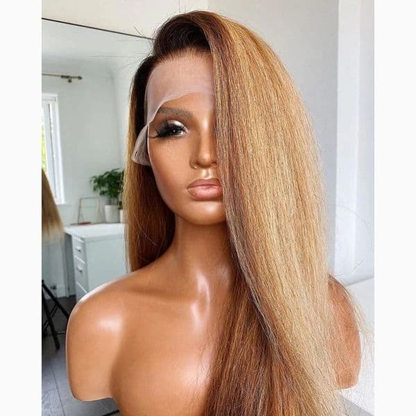 Hair System Hair System Yaki 26 Woman Inch woman 180Density Soft Long Ombre Blonde Kinky Straight Lace Front Woman For Women With Babyhair P