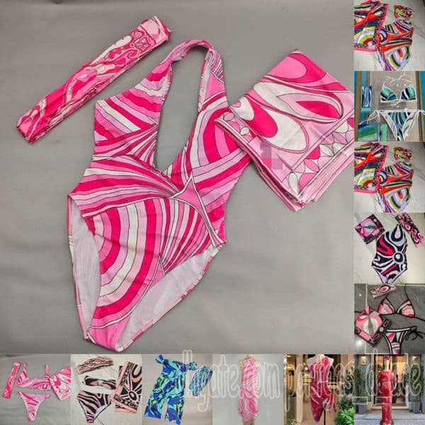 Colorful Women Bikini Swimwear Headband Sarong Designer Sexy Hollow Swimsuits Scarf Skirt V Neck Beachwear Beach Holiday Bathing Suits One Piece Swimsuit