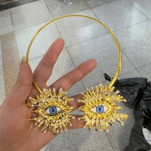 Designer Crystal Choker Necklace Gold Tone Sunburst Statement Collar for Women Party Jewelry