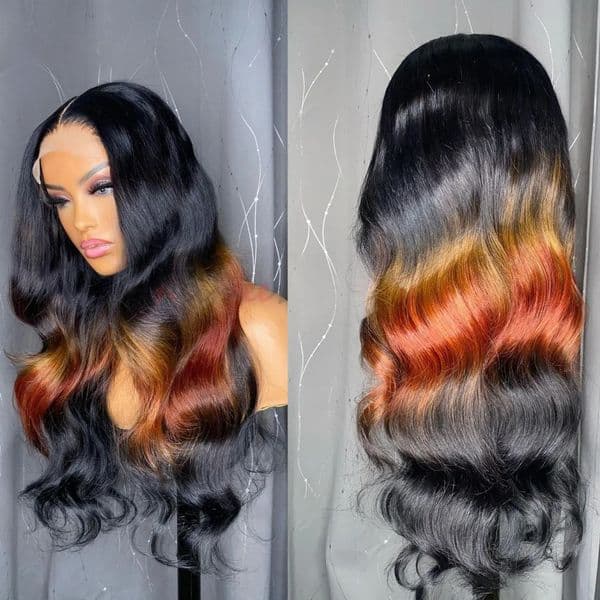 Jet Black Ombre Orange Ginger Mixed Colored Long Wigs Body Wave Lace Front Wig Human Hair Wig for Women Synthetic Lace Frontal Wig
