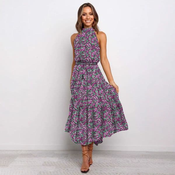 2025 Womens Long Dress Halter Neck Polka Dot Print Tie Dress