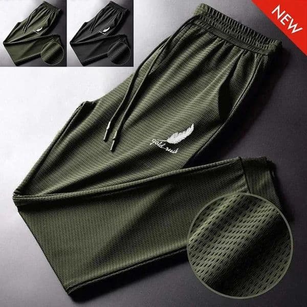 Mens Hollow Out Ice Silk Pants Mesh Breathable Casual Thin Quick Dry Pant Loose Elastic Beam Feet Sports Fitness Trousers 250725BANJIA