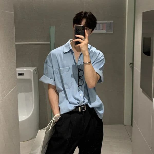 Summer Mens Clothing Denim Shortsleeved Pocket Shirt Leisure Buttondown Korean Streetwear Stylish 250725BANJIA
