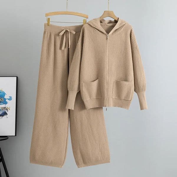 Knitting 2 Piece Sets Women Hoodie Sweater Coat Knitted Wide Leg Pants Outfits Knitwear Trousers 2025 Autumn Winter Muslim Suit 250725