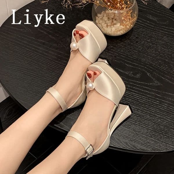 Liyke Sexy 13.5CM Super High Heels Platform Sandals Women Summer Fashion White Pearl Peep Toe Wedding Banquet Shoe Zapatos Mujer 250725